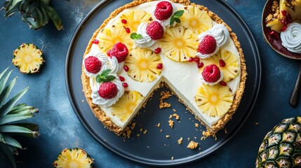 Top-down view of homemade pineapple cheesecake with slice cut out on a dark background