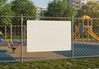 Minimalist Promotional Display&mdash;White Banner Hanging on a Fence in an Empty Play Area