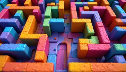 A playful depiction of a maze created from rectangular blocks in various colors, inviting exploration and curiosity.