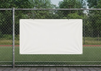 Minimalist Promotional Display—White Banner Hanging on a Fence in an Empty Athletic Space