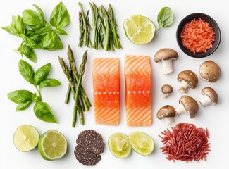 Naklejka premium Raw Salmon Fillets with Fresh Ingredients for Healthy Cooking Preparation