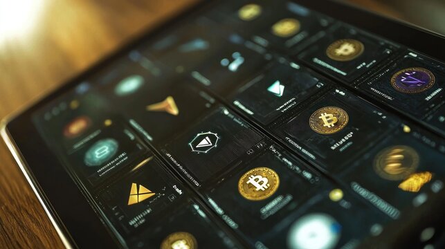 Digital cryptocurrency dashboard on a tablet.  Many cryptocurrencies displayed on the screen