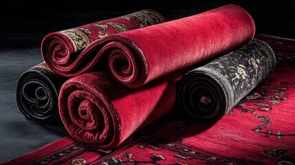 Elegant rolled rugs in rich colors, showcasing intricate patterns and textures