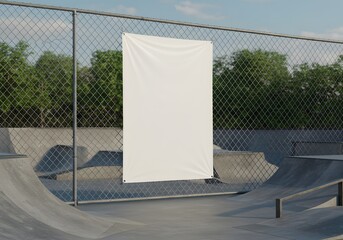 Minimalist Outdoor Ad Concept—White Banner Mockup Hanging on a Chain-Link Fence