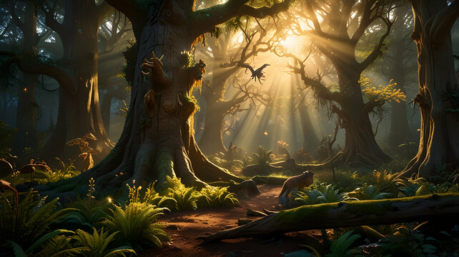 Serene Forest Path with Sunlight Beams