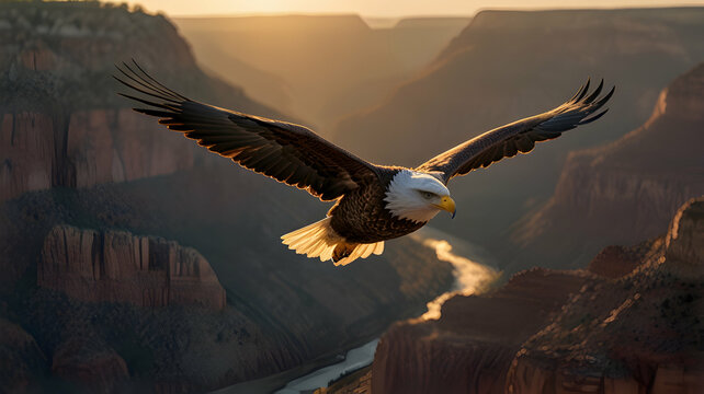 Majestic Bald Eagle in Flight Over Rugged Canyons