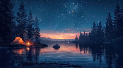Fototapeta premium A serene lakeside camping scene under a starry sky at twilight.