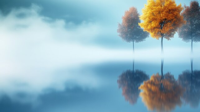 A misty fog slowly rising from the surface of a pond, with only the reflection of trees visible in the water, creating a peaceful yet mysterious scene, with copy space.
