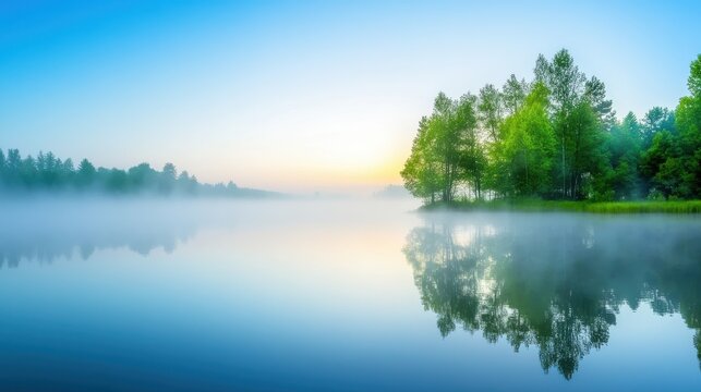 A misty fog slowly rising from the surface of a pond, with only the reflection of trees visible in the water, creating a peaceful yet mysterious scene, with copy space.