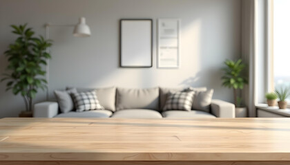 Fototapeta premium Wooden table, empty table, living room background. Minimalist style room. Modern home, Scandinavian, warm simple interior. Minimal room. sunlight, wooden floor,white wall, beige wall. good for key up.