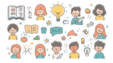 Fototapeta premium Colorful Hand-Drawn Illustrations of People and Objects for Creative Projects and Marketing Use