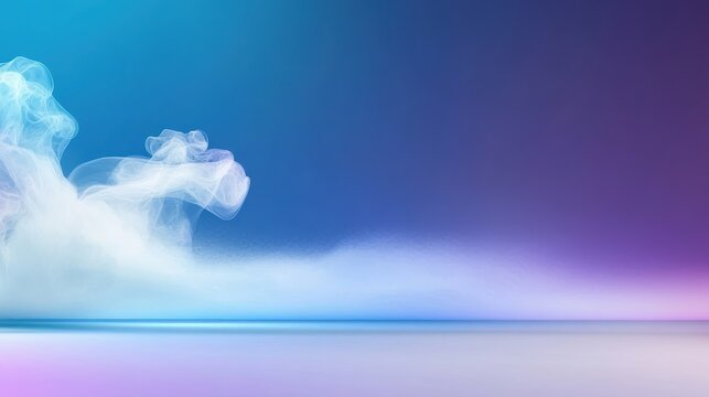 A smoky, misty effect in a gradient of deep blues and purples, creating an atmospheric, surreal background, with copy space.