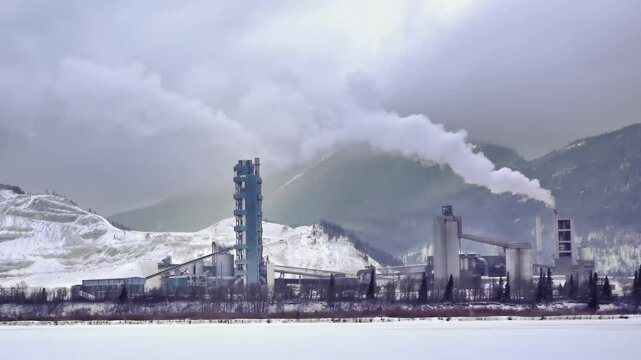 A cement plant is shown in a snowy, overcast setting near Exshaw, Alberta. Smoke plumes rise from multiple stacks against a backdrop.