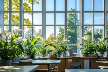 A vibrant, open-concept workspace with entire wall of floor-to-ceiling windows, filled with sunlight featuring potted peace lilies every desk