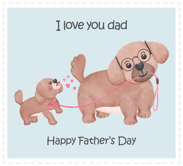 Father's Day Dog Dad and Baby Father leads puppy in watercolor style illustration