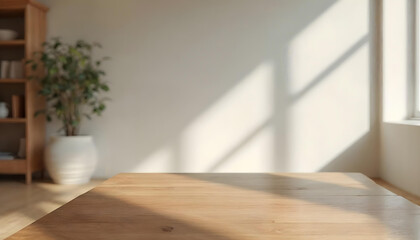 Wooden table, empty table, living room background. Minimalist style room. Clean studio. simple interior. Minimal room. sunlight, wooden floor,white wall, beige wall. good for key up.