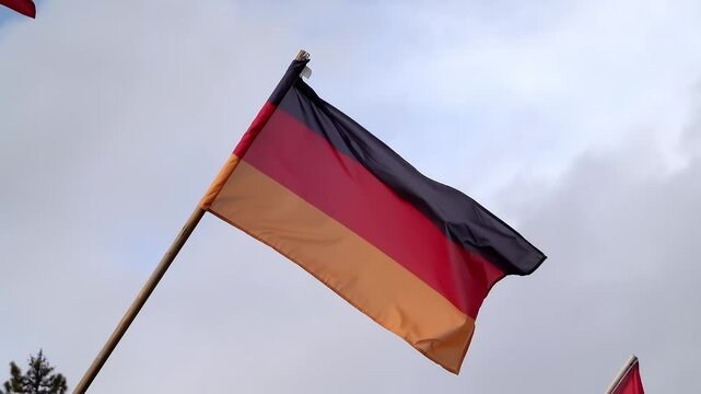 The flag of Germany, featuring horizontal black, red, and gold bands, is shown waving gently against a soft, overcast sky.