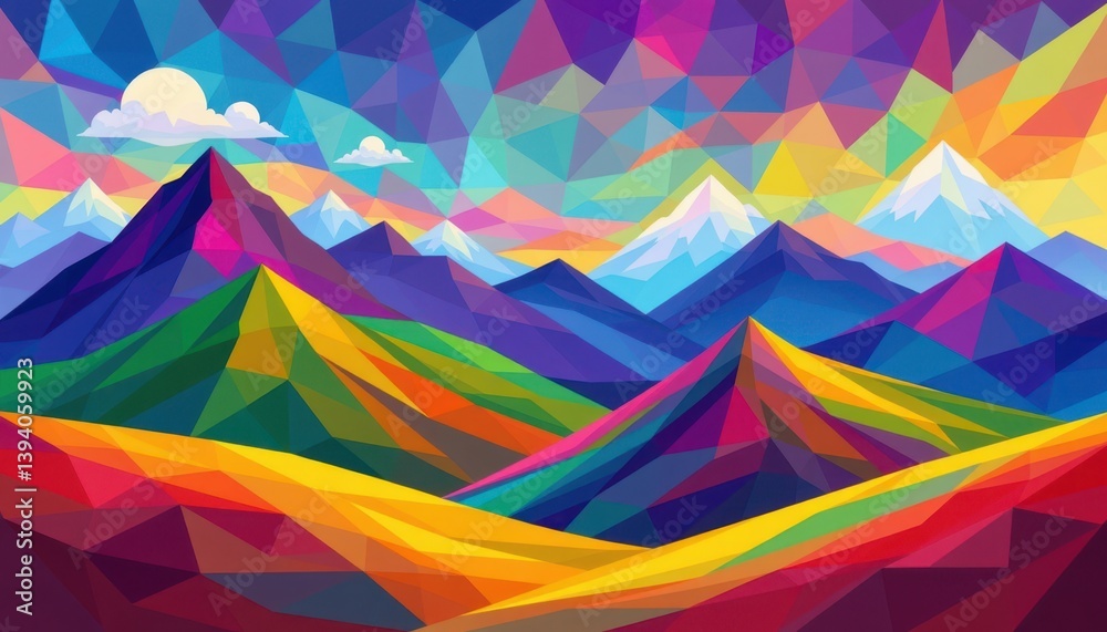 Poster a colorful blend of sharp triangles and squares forming an abstract landscape.