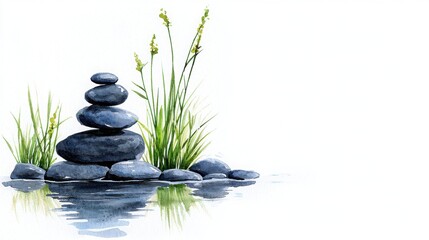 Watercolor painting of a stack of rocks in a tranquil pond within a zen garden with a meditating figure