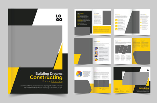 Construction brochure design. minimalist company profile 12 pages layout brochure template.