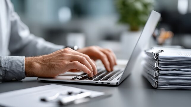 IT Consultant Engaged in Virtual Document Management with Paperwork and Technology in a Modern Office Environment