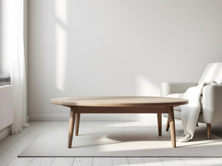 Fototapeta premium Wooden table, empty table, living room background. Minimalist style room. Modern home, Scandinavian, warm simple interior. Minimal room. sunlight, wooden floor,white wall, beige wall. good for key up.