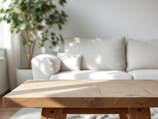 Wooden table, empty table, living room background. Minimalist style room. Modern home, Scandinavian, warm simple interior. Minimal room. sunlight, wooden floor,white wall, beige wall. good for key up.