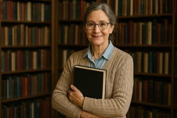 Elderly woman holding book