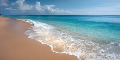 An empty stretch of fine sand meets the ocean's edge, where gentle waves softly lap against the warm shore, creating a calming atmosphere.