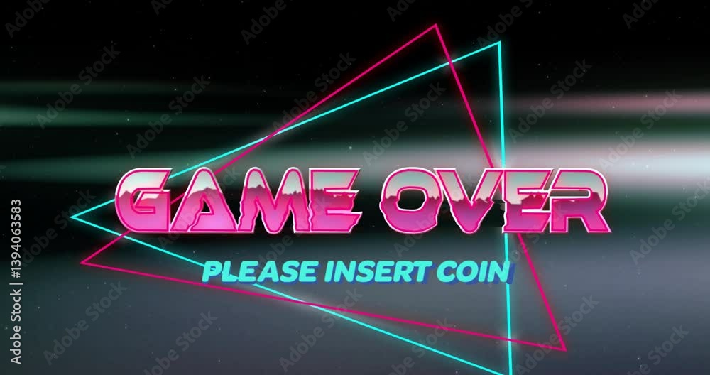 Poster retro animation with neon triangles and please insert coin text on screen