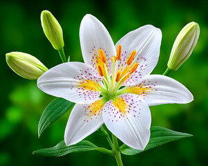 Fototapeta premium A pristine white lily in full bloom, accented with orange and purple speckles, flanked by unopened buds against a deep green backdrop
