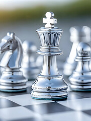 A silver chess queen stands prominently on a board, surrounded by other pieces