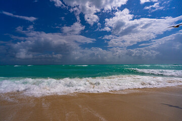Obraz premium Ocean waves and sand on sky. Stormy sea waves. Summer sea beach wave. Foamy ocean waves. Summer ocean breeze. Dreamy summer beach background. Ocean splash waves.