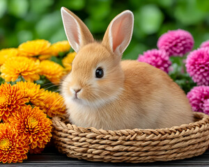 Adorable orange bunny nestled in a wicker basket, surrounded by vibrant chrysanthemum flowers