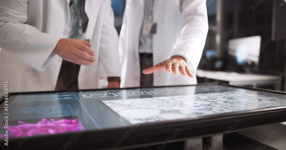 Poster scientist, people and hands with screen for lab review, medical research or innovation. computer tab