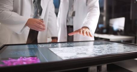 Scientist, people and hands with screen for lab review, medical research or innovation. Computer table, interactive display and clinical analysis for studying science data, teamwork or results