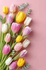 Obraz premium Colorful arrangement of fresh tulips in yellow, pink and white with eucalyptus leaves against soft pink background 