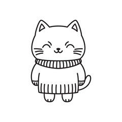 Happy Cute Kitten Little Cat Pet Animal Cartoon Character Wearing Sweater in Line Art Style