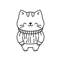 Happy Cute Kitten Little Cat Pet Animal Cartoon Character Wearing Sweater in Line Art Style