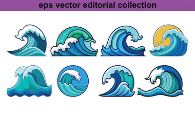 Stylized Waves and Ocean Illustrations Vector Set, A vector collection of eight stylized wave and ocean illustrations, perfect for beach, water, and nature-themed designs.
