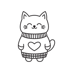 Happy Cute Kitten Little Cat Pet Animal Cartoon Character Wearing Sweater in Line Art Style