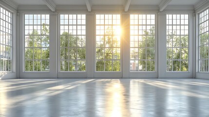 Obraz premium Empty sunlit room with large windows