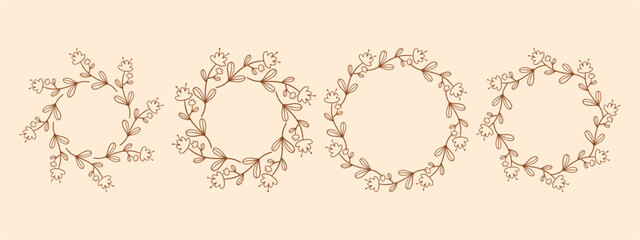 Simple flower circle frame set. Hand drawn brown round line border, leaves and flowers, wedding invitation and cards, logo design and posters template. Elegant minimal style floral isolated set