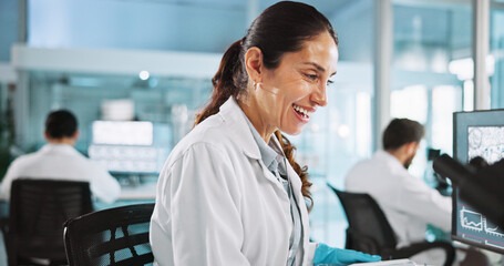Computer, science and smile of woman in laboratory for healthcare, medical or pharmaceutical...