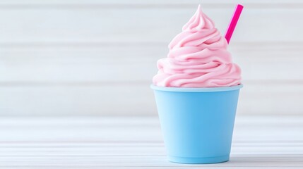Pink frozen yogurt in a light blue cup