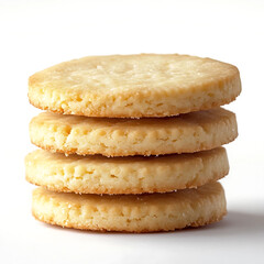 Fluffy and golden shortbread cookies with a buttery texture and a delicate crumb, isolated white background, hyperrealism art style