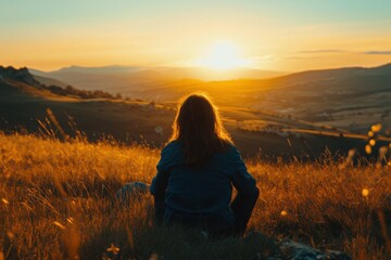 Woman sitting in golden grass admiring sunset landscape