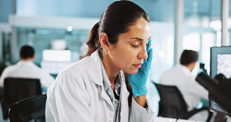 Headache, tired and science with woman in laboratory for research mistake, clinical trial fail or...