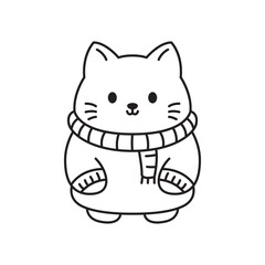 Happy Cute Kitten Little Cat Pet Animal Cartoon Character Wearing Sweater in Line Art Style