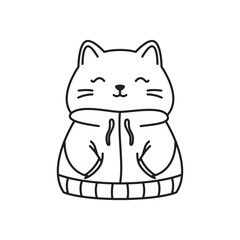 Happy Cute Kitten Little Cat Pet Animal Cartoon Character Wearing Sweater in Line Art Style